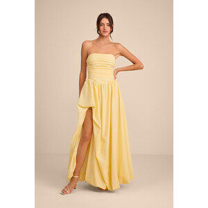 Lulus ✨ Marilou Light Yellow Strapless Ruched Lace-up Maxi Dress 💛 Size M, NWTS